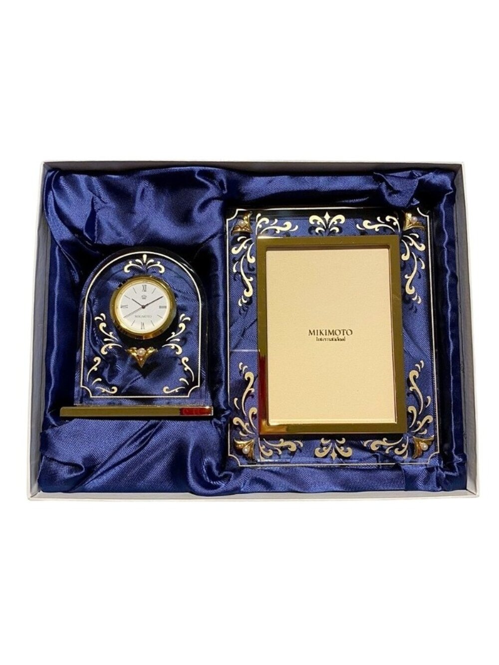 NWB Mikimoto Desk Clock & Photo Frame Gold Filigree w/ Mikimoto Pearls Gift Set